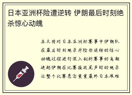 日本亚洲杯险遭逆转 伊朗最后时刻绝杀惊心动魄