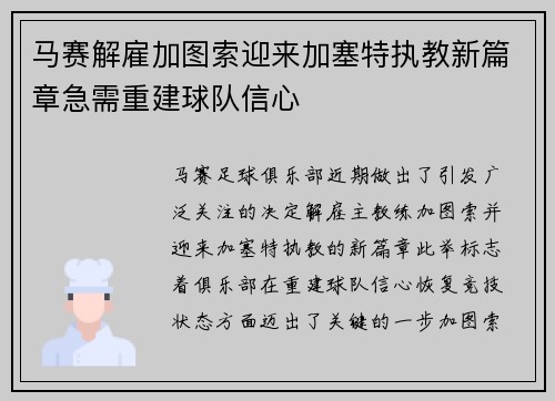 马赛解雇加图索迎来加塞特执教新篇章急需重建球队信心 马赛解雇加图索迎来加塞特执教新篇章急需重建球队信心